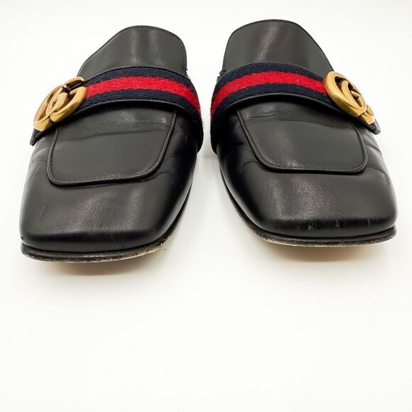 Gucci GG Web Stripe Peyton Mules Flat Slides Black Leather Loafers EU 38.5 US 8. - Picture 2 of 11